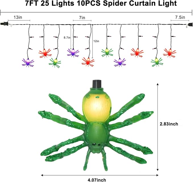 Spider String Lights, 7FT Halloween Spider Decorations Light with 10pc Colorful Spiders, 25 Mini Purple Lights, Halloween Theme Lights for House Decoration, Window Porch Outdoor Indoor Party Decor