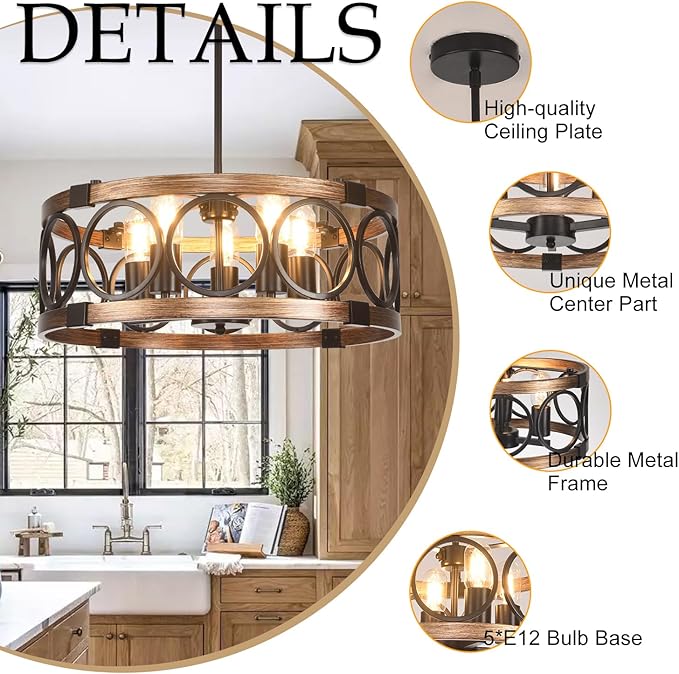 5 Light Light Fixtures Ceiling Mount 19.71" Flush Mount Ceiling Light,Height Adjustable Farmhouse Chandeliers for Dining Room Black Drum Chandelier Ceiling Hanging Pendant Light Fixture