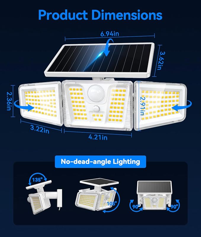 KOOPER Solar Flood Lights, 210 LED Motion Sensor Outdoor Lights, Solar Motion Lights Outdoor Waterproof, 3 Heads 300° Wide Angle Outdoor Security Lights for Yard Patio Garage Entryways, 4 Pack, White