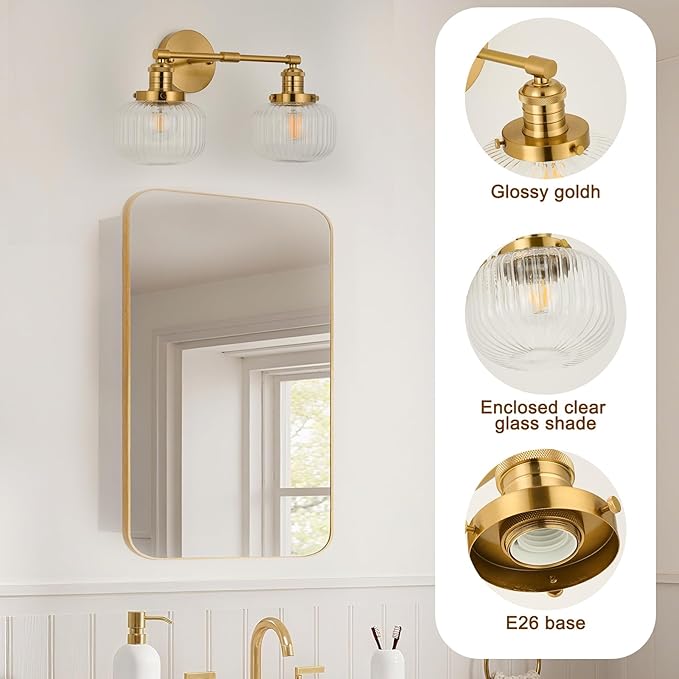 2-Lights Gold Bathroom Vanity Light, Industrial Hardwired Double Sconce Over Mirror with Clear Ribbed Globe Glass Shades, E26 Base Light Fixture for Bathroom Bedroom Hallway Farmhouse Decor