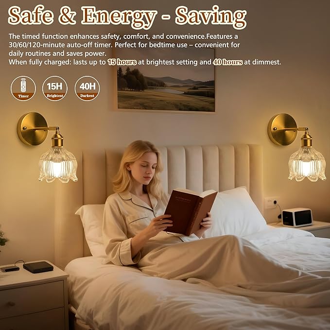 Wireless Wall Sconce with Flower lampshade, Battery Operated Wall Lights,Wall lamp with 15 Colors for Bedroom Living Room Home Decor (Clear, 2 Light Battery Operated)