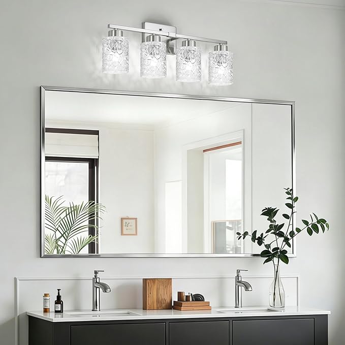 Brushed Nickel Bathroom Light Fixtures, 3-Light Modern Bathroom Vanity Wall Light, Vanity Lights for Mirror, Wall Sconces with Clear Textured Glass (E26 Socket, Bulbs Not Included)