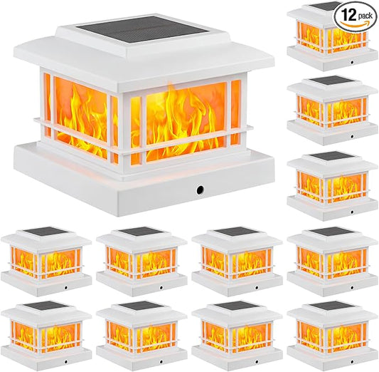 JOFIOS Flickering Flame Solar Post Cap Lights Outdoor, White Post Lights with 3 Color Temperature, Fits 3.5" 4" 4.5" 5" Wood/Vinyl Posts, IP64 Waterproof Fence Deck Lights for Garden Patio Yard 12Pack