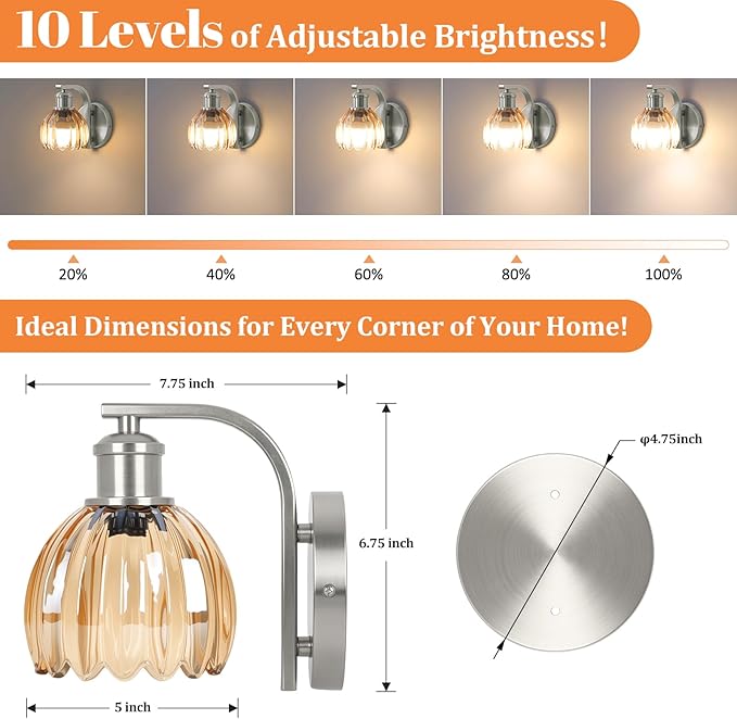 VerRon Rechargeable Battery Operated Wall Sconce with Amber Glass Lampshade, Wireless Wall Scone Decor with Remote Control, 15 Colors Brushed Nickle Wall Light for Bedside Hallway Bedroom Doorway