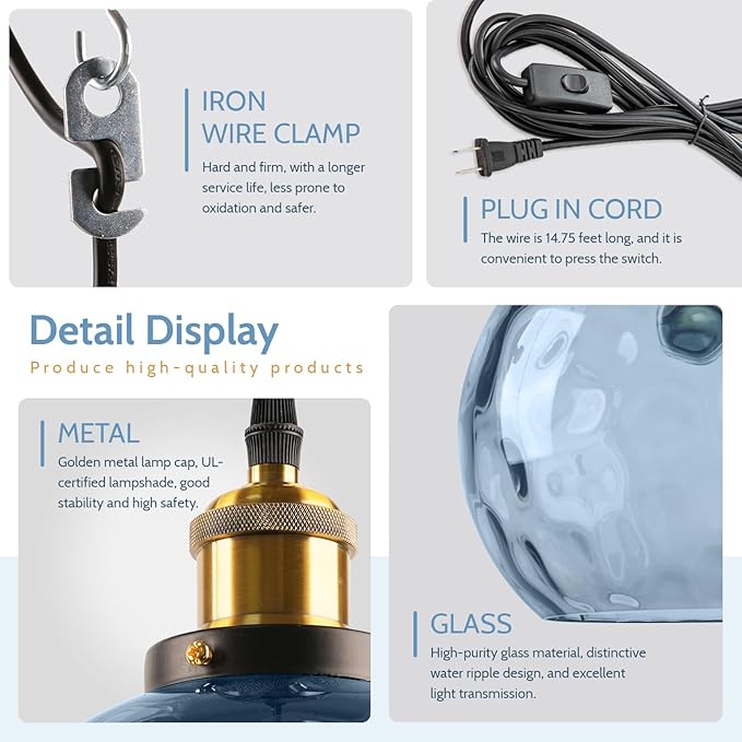 Blue Hanging Lamp Plug in 2 Pack, Hammered Glass Hanging Lights with 14.75Ft Plug in Cord, Globe Pendant Light Plug in Chandelier Ceiling Fixture for Dining Room Kitchen Bedroom