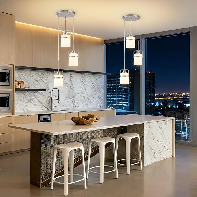 Nickel 3-Light Pendant Lighting, Adjustable Cluster Hanging Light Fixture with Milk Glass Shade, Modern Pendant Light for Kitchen Island Dining Room Bar