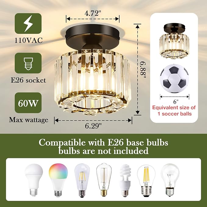 2 Pack Small Crystal Semi Flush Mount Ceiling Light Fixture Modern Black Mini Round Chandelier Metal E26 Ceiling Lamp for Hallway Bathroom Entryway Kitchen Closet