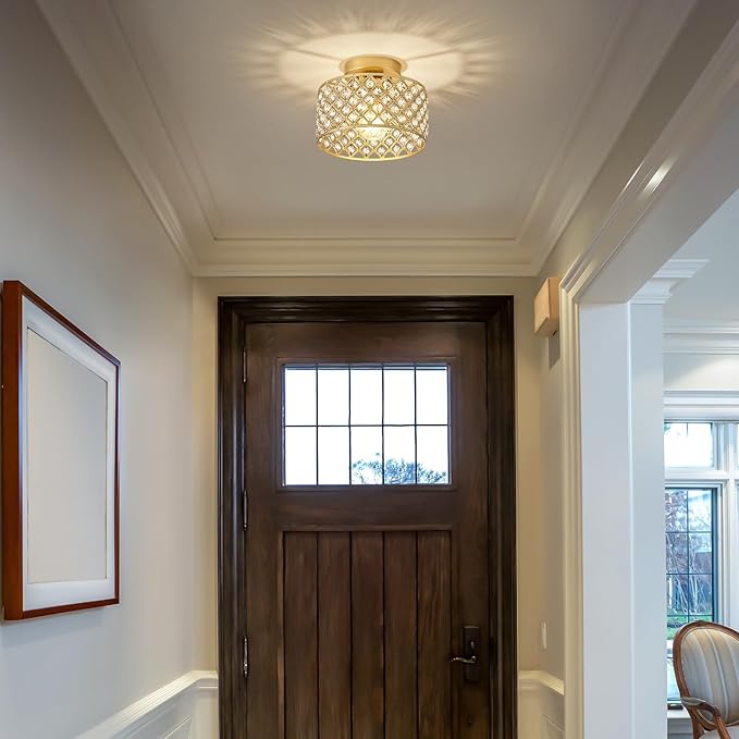 Gold Crystal Ceiling Light Fixture,Modern Semi Flush Mount Ceiling Lighting Fixture,Round Small Chandelier for Hallway, Entryway, Laundry Room, Kitchen, Bedroom, Foyer, Bathroom, 1 Light, 9 inch