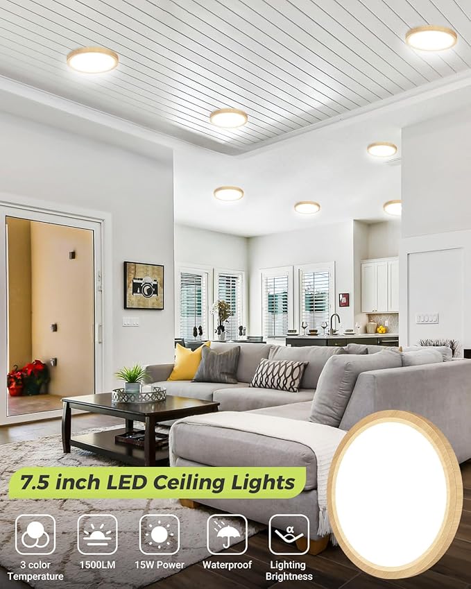 6PACK Flush Mount Ceiling Light Fixtures - 3000K-4000K-6500K & 100W Equivalent Flat Led Lights for Room Ceiling,7.5Inch Ultra Thin Round White Ceiling Lights for Bedroom,Kitchen,Bathroom (Wood