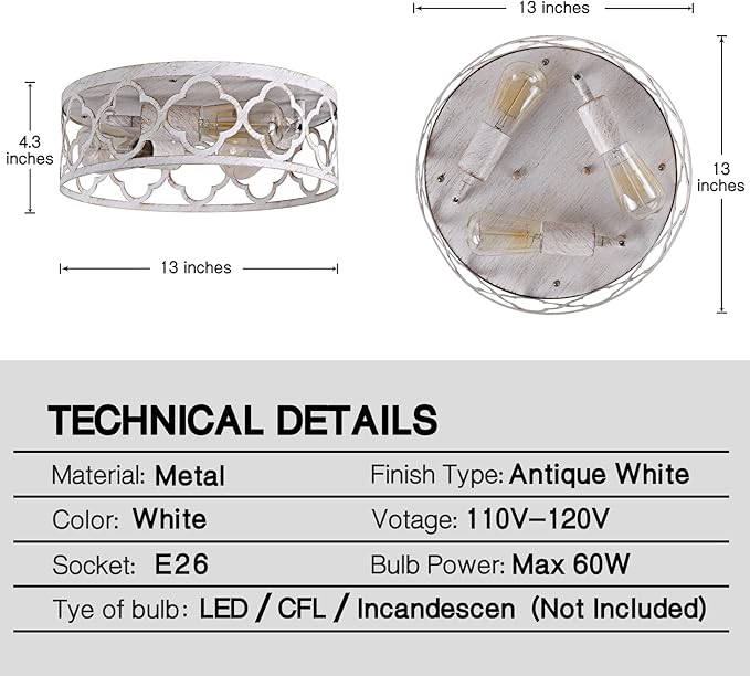 Flush Mount Ceiling Light,13-inch Ceiling Light Fixture,3-Light Kitchen Light Fixtures,Rustic Antique White Finish,Farmhouse Light Fixtures for Bedroom,Living Room,Kitchen,Hallway and Foyer