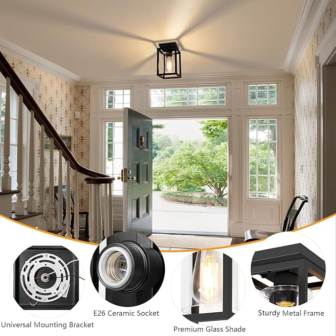 Baocuz 2 Pack Semi Flush Mount Ceiling Light Fixture, Black Metal Frame Porch Ceiling Light Fixture with Clear Glass Shade and E26 Ceramic Base, Farmhouse Light Fixtures for Kitchen Entryway Foyer
