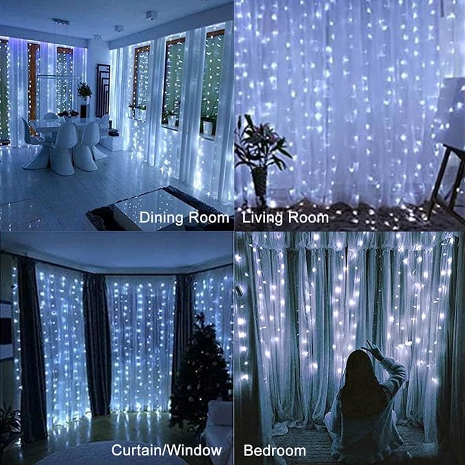 Curtain String Lights, 300 LED Fairy Lights with 8 Light Modes, 9.8x9.8Ft Remote Controlled Plug-in Fairy String Lights for Christmas, Bedroom, Indoor, Outdoor, Weddings, Party Decor (White)