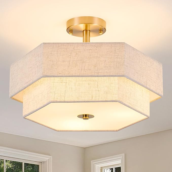 SGLfarmty 17.7" Gold Flush Mount Ceiling Light, 3-Light Farmhouse Light Fixture Ceiling Mount with 2-Tier Hexagonal Fabric Linen Shade, Modern Drum Chandelier for Bedroom Hallway Living Room
