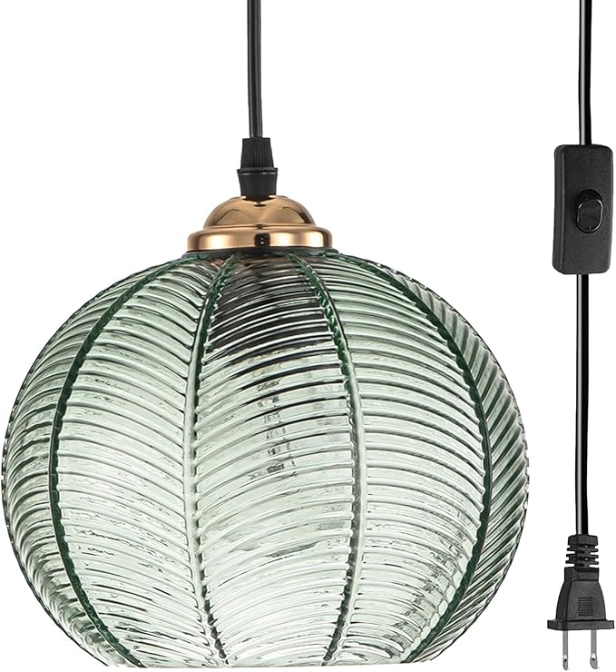 Green Glass Plug in Pendant Light 7.9" Glass Globe Shade Vintage Boho Mid Century Style Plug in Swag Ceiling Light for Bedroom Living Room Cabinets Bathroom