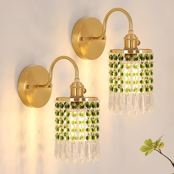 Shenmoyl Set of 2 Crystal Battery Operated Wall Sconce, Rechargeable Battery Powered Wall Lamp with Remote Control, Modern Dimmable Wall Lights for Bedroom Bathroom(Green, Gold Base)