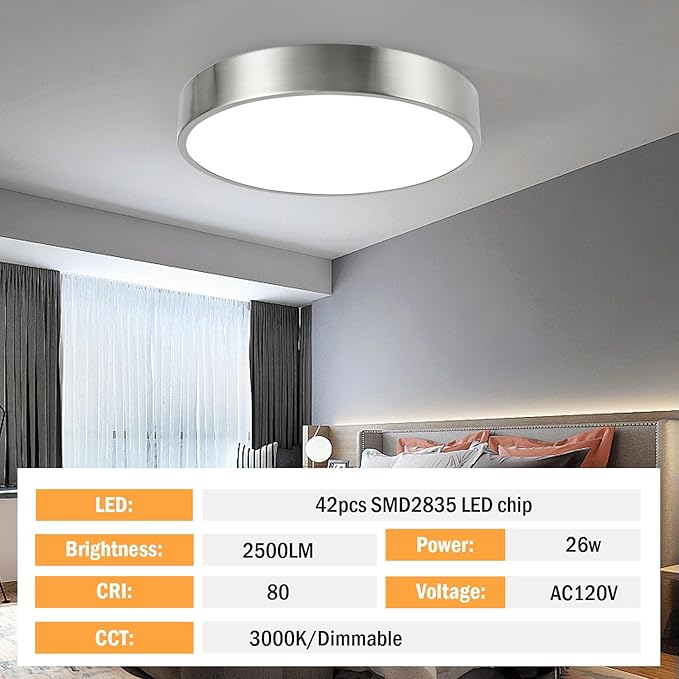 13inch Round Bathroom Ceiling Lighting Fixture, Overhead Polished Brushed Nickel Bedroom Ceiling Lights, Low Profile Led Chrome Flush Mount Light, 26W, 3000K, ETL Listed