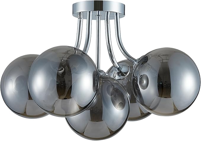 Silver Bubble Glass Chandelier 5-Light, Glass Sputnik Flush Mount Ceiling Light for Living Room, D16'' x H12'', G9*5 Sockets, Globe Bubble Light Chandelier with Grey Ball Smooth Shade