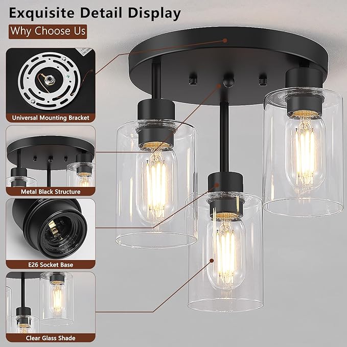 Farmhouse Flush Mount Ceiling Light, Black 3-Light Hallway Light Fixtures Ceiling with Clear Glass Shades, Light Fixtures Ceiling Mount for Kitchen Living Room Foyer, E26 Base