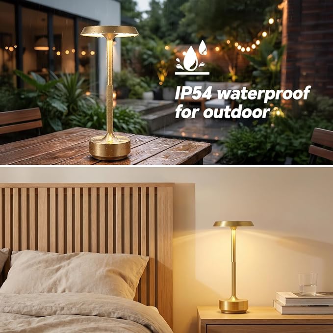 Mevnxi Cordless Table Lamp, Portable LED Desk Lamp, 5000mAh Battery Operated, 3 Color Stepless Dimming Up, for Restaurant/Bedroom/Bars/Outdoor Party/Camping/Coffee Shop Atmosphere Night Light(Gold)