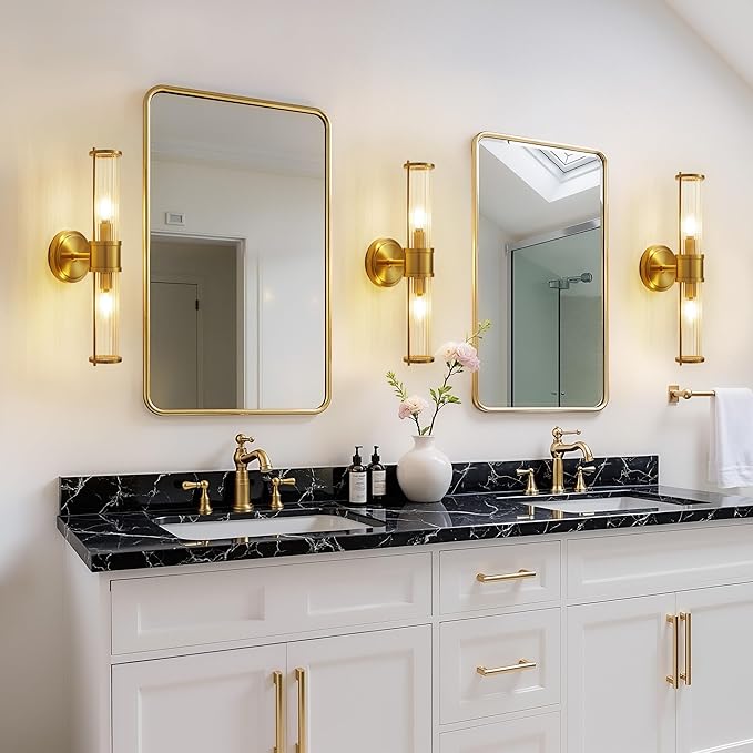 Brushed Gold Wall Sconces Set of 2, Modern Bathroom Vanity Light Fixture with Clear Glass Shades, Hardwired Brass Wall Mounted Lamp for Over Mirror, Hallway, Bedroom (E12 Bulbs Not Included)