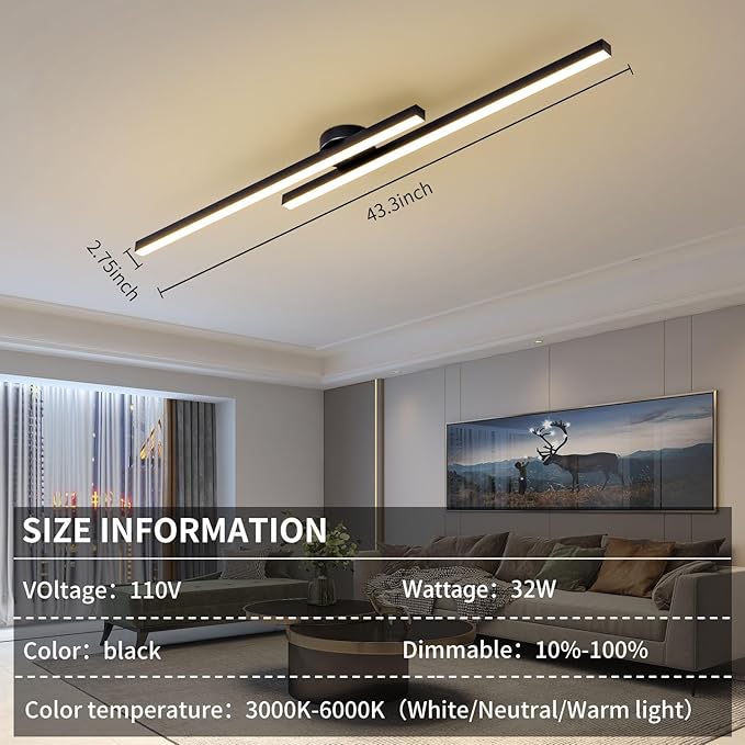 Flush Mount Ceiling Light Fixture 43.3" Modern Black Sputnik Dimmable LED Lamp with Remote Control Ideal for Bedroom Living Room Kitchen Room(2 Lights)