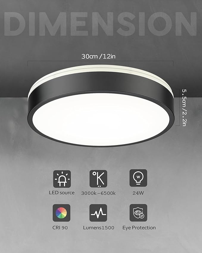Ken & Ricky Flush Mount Ceiling Light, Dimmable Led Close to Ceiling Light Fixtures for Kitchen Bathroom Bedroom Hallway 5cct (Black, 12 Inch)