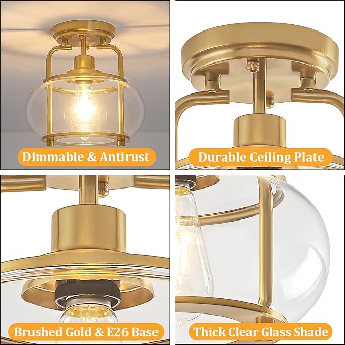 TOULMJ Semi Flush Mount Ceiling Light, Gold Ceiling Light Fixture with Drum Glass Shade, Modern Hallway Light Fixture for Kitchen Dining Room Foyer Entryway Bedroom Laundry Room Bathroom