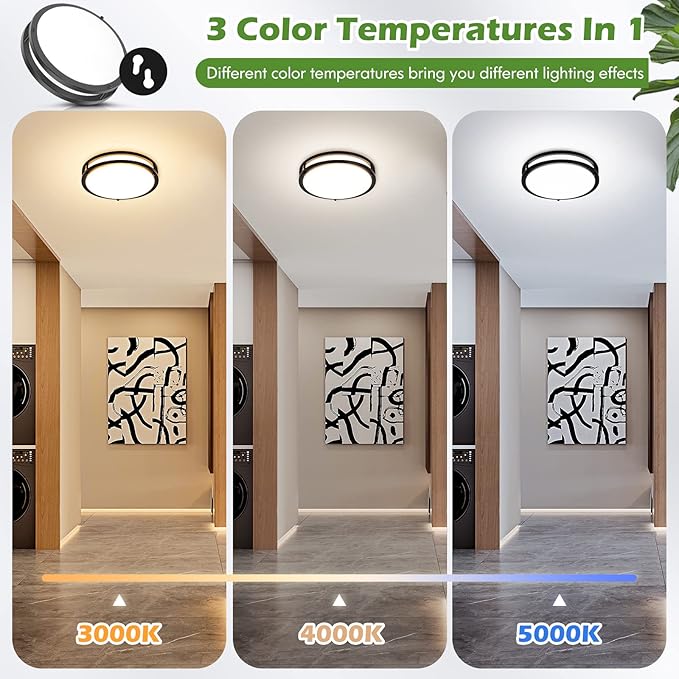 12 Inch Flush Mount Ceiling Lights, 36W 3200LM Black Dimmable Light Fixtures Ceiling Mount, 3000K-5000K Selectable Modern Kitchen Light Fixtures for Stairwell, Balcony, Corridor, Laundry (2-Pack)