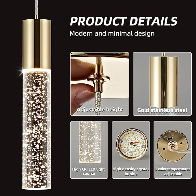 OKELI Modern Pendant Light,3 Color LED Bubble Crystal Island Light Fixtures,Gold Mini 3CCT Pendant Lighting for Kitchen Island,Bar,6W,3000-6000K,ETL