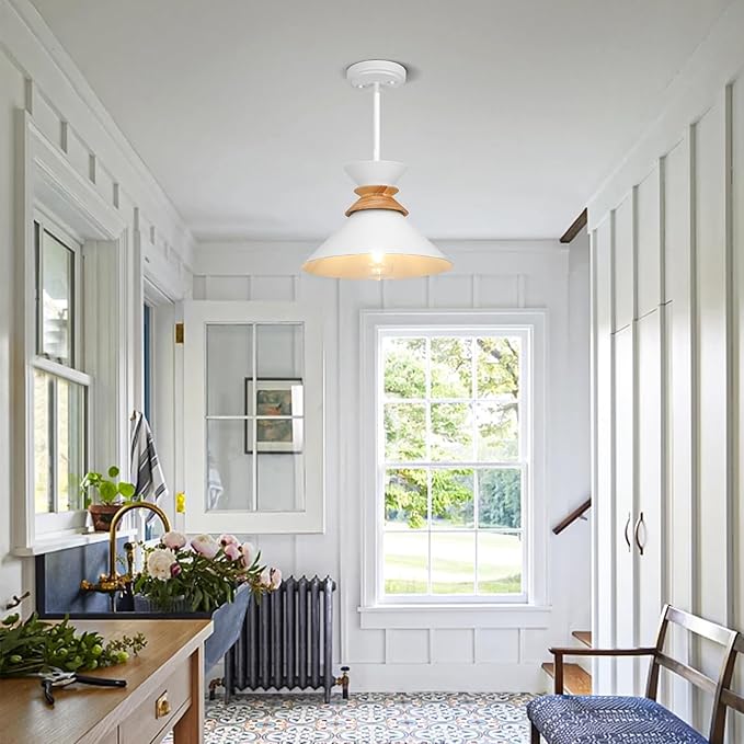12 Inch White Pendant Lights Kitchen Island Hanging Light Fixtures Adjustable Rod Height Pendant Lighting for Dining Room 3 Pack