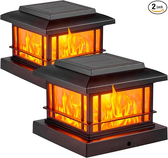 JOFIOS Flickering Flame Solar Post Cap Lights Outdoor, Black Post Lights with 3 Color Temperature, Fits 3.5" 4" 4.5" 5" Wood/Vinyl Posts, IP64 Waterproof Fence Deck Lights for Garden Patio Yard 2 Pack