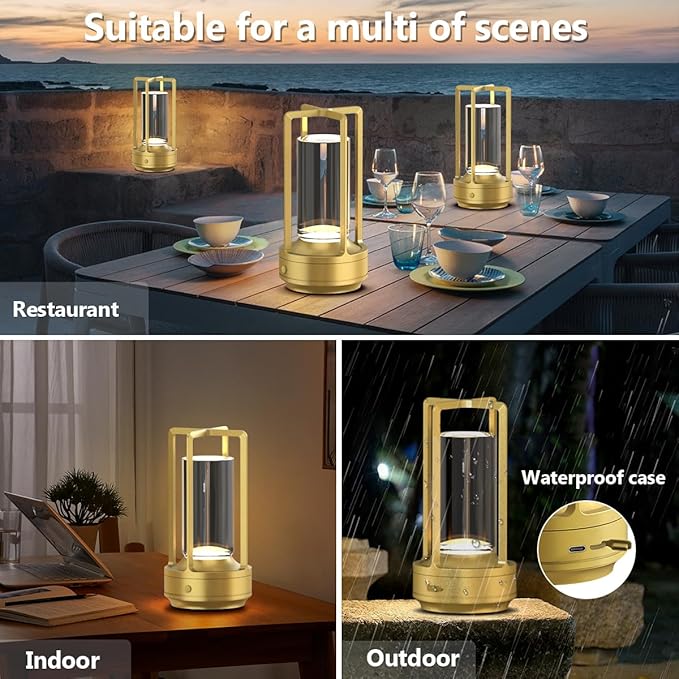 Small Cordless Table Lamps Rechargeable Set of 2 for Indoor/Outdoor, Portable Battery Operated Powered Lamps, Dimmable 3 Color Modes Waterproof, LED Desk Lights for Bedroom/Restaurant/Camping-Gold