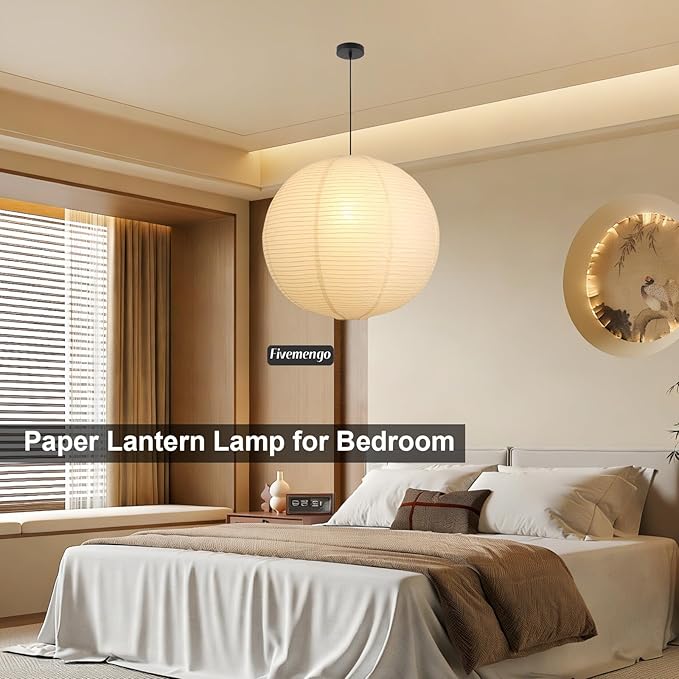 Large Paper Pendant Light with Cord and Canopy, 23.6in Off-White Rice Paper Hanging Lamp, Japanese Japandi Wabi Sabi Lantern Lamp Chandelier for Living Dining Room Bedroom Kitchen 1 Pack