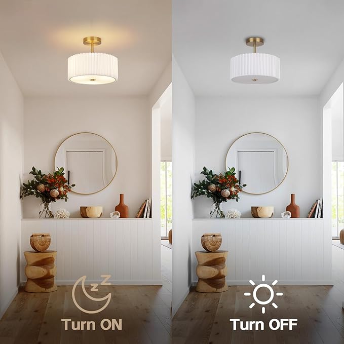 Modern Semi Flush Mount Ceiling Light with Pleated Fabric Shade, 12.5” Drum Gold Light Fixture with Lights, Warm White Linen Lamp for Bedroom, Living Room, Dining Room, Hallway, Kids Room