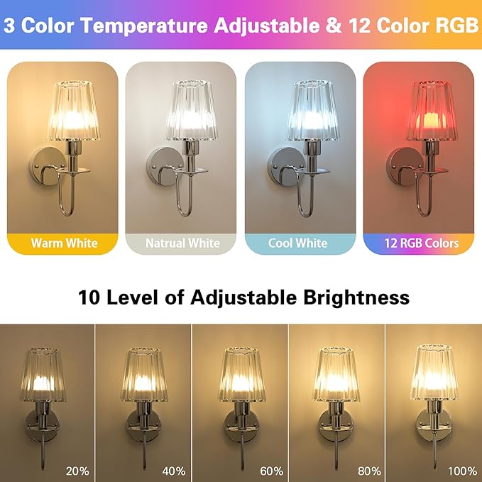 Battery Operated Wall Sconces Set of 2 – 5200mAh Rechargeable Crystal Glass, 15 Colors & 10-Level Dimmable, Wireless Wall Lights for Living Room & Bedroom,Sliver