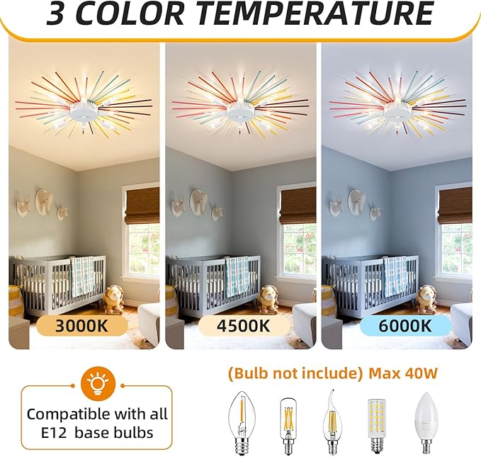 Kids Ceiling Light,8-Lights Colorful Sputnik Ceiling Fixtures, Rainbow Kid Chandelier for Bedroom Playroom Kitchen Entryway,E12
