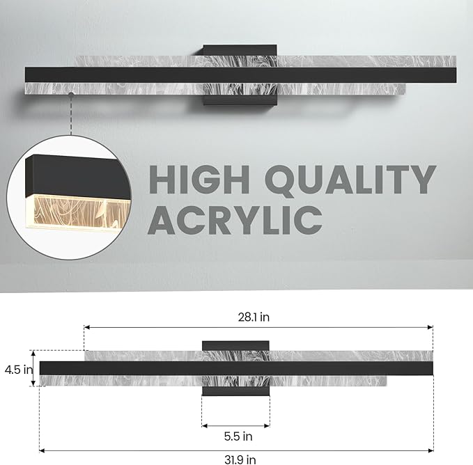 Modern Bathroom Vanity Light: Matte Black 32 inch 28W Dimmable LED Bath Bar Light Fixtures Over Mirror - Wall Sconce Picture Lights for Paintings Cabinets Bedroom 3000k