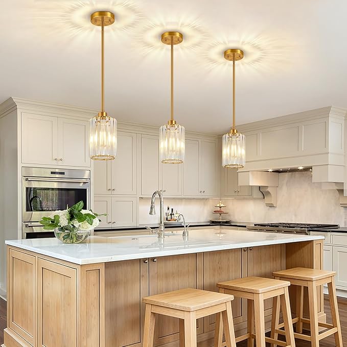 3 Pack Brushed Gold Pendant Lights Kitchen Island, Modern Crystal Chandelier Kitchen Pendant Lighting Over Island, Adjustable Hanging Mini Light Fixtures for Dining Room Hallway Corridor Bedroom