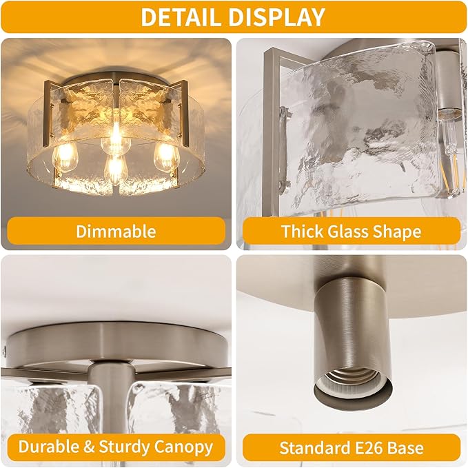 4-Light Brushed Nickel Semi Flush Mount Ceiling Light,Modern Close to Ceiling Lighting Fixture in with Glass Shade for Hallway, Bedroom, Kitchen, Dining Room, Living Room