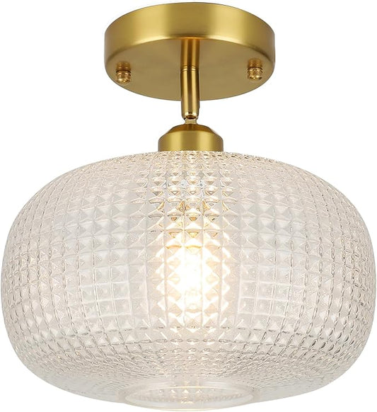 WILON Semi Flush Mount Ceiling Light Fixture, Brushed Brass Gold Light Fixture with Globe Glass Shade, Modern Vintage Ceiling Lamp for Bathroom Hallway Entryway Bedroom Nursery Laundry Room Kitchen
