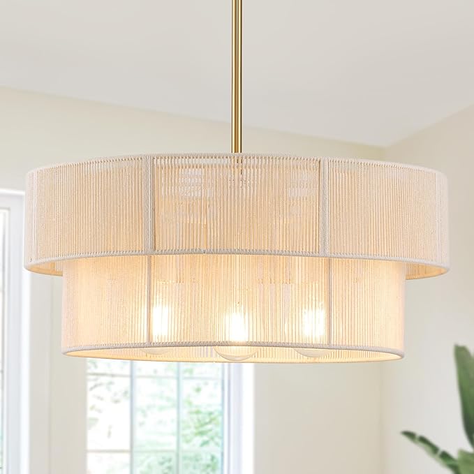 Hand Woven Rattan Chandelier Boho Pendant Light, Adjustable Coastal Hanging Light for Kitchen Island Dining Room Living Room, White, UL Listed