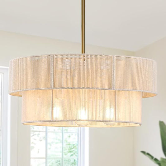 Hand Woven Rattan Chandelier Boho Pendant Light, Adjustable Coastal Hanging Light for Kitchen Island Dining Room Living Room, White, UL Listed