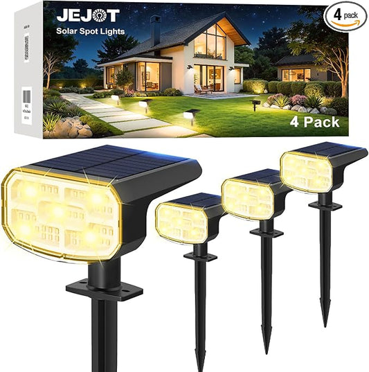 JEJOT Solar Lights Outdoor Waterproof IP65, Super Bright LED, 3000K 2 Lighting Modes, Solar Powered Yard Garden Solar Spot Lights for Outside Landscape Auto On/Off -4 Pack