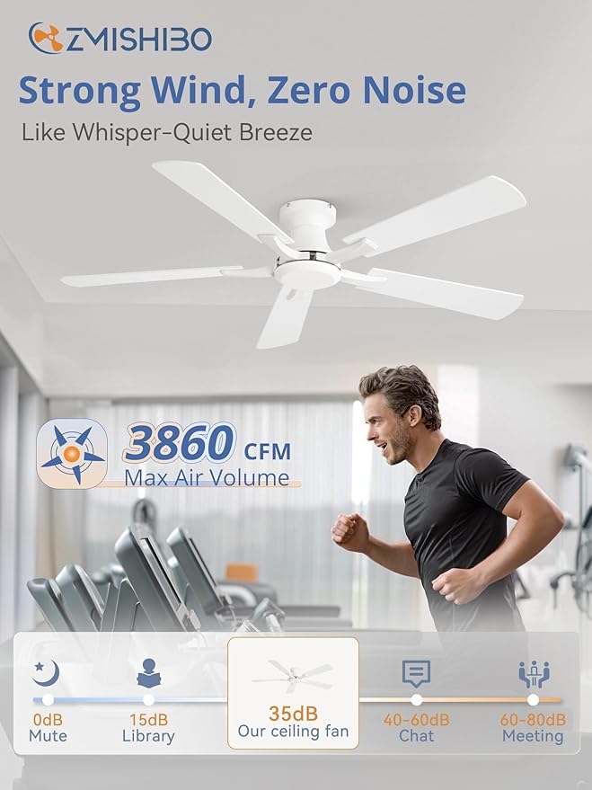ZMISHIBO 52 Inch Ceiling Fan No Light, Flush Mount Low Profile, Modern White Ceiling Fan Without Light, Remote Control & Quiet DC Motor, for Indoor&Outdoor, Bedroom, Living Room