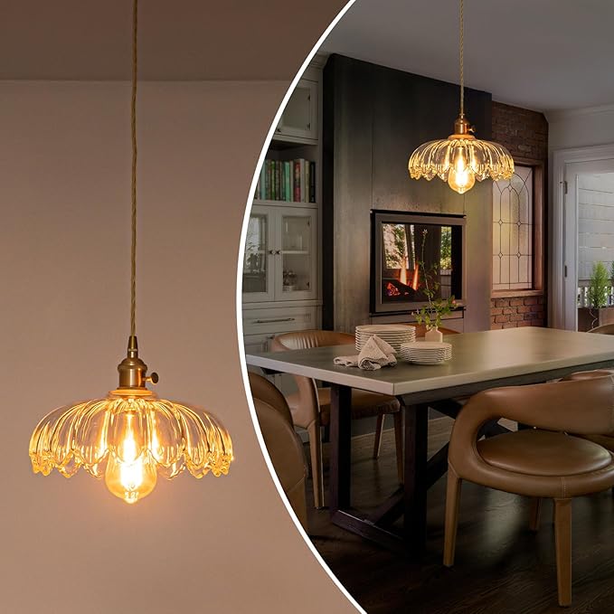EDSILIVE Vintage Flower Glass Pendant Lights Kitchen Island 9.84" Antique Flower Clear Glass Hanging Ceiling Light Fixture with Adjustable Brass Twine Wire for Dining Room Kitchen Table, Gold Clear