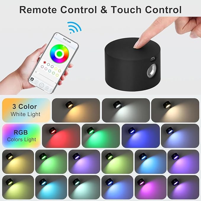 Lightess Smart LED Wall Sconces Set of 2, Dimmable Wall Mounted Lamp with RGB Mode & APP Control, 5000mAh Rechargeable Battery Operated Wall Light for Bedroom Reading Bedside, Black
