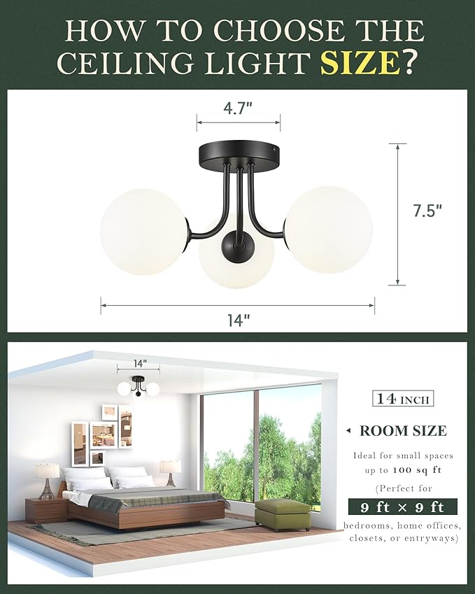 3-Globe Black Flush Mount Ceiling Light in a Modern Farmhouse Design is Ideal for Living Rooms, Bedrooms, or Dining Rooms. Model:CKCL4845-3W-BK，(Bulb Incl)