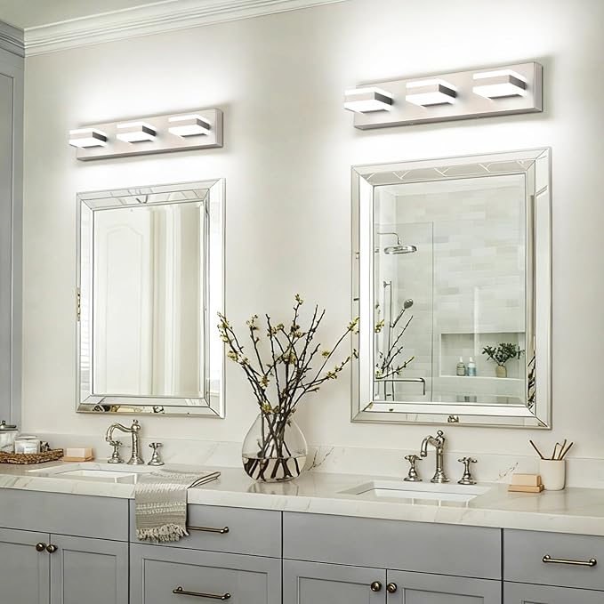 SOLFART Vanity Lighting Over Mirror, 3 Lights Brushed Nickel Bathroom Light, Modern LED Light Fixtures, 5 Color Temperature Adjustable Modern Light for Bathroom