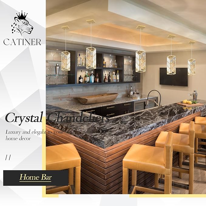 CATINER Gold Crystal Pendant Light, Mini Hanging Pendant Lighting Fixture with Adjustable Cord, Modern Luxury Pendant Light for Kitchen Island, Dining Room, Bedroom, Hallway, E26 Base (1 Pack)