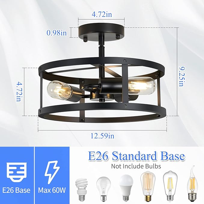 Semi Ceiling Light Fixture,3-Light Black Flush Mount Ceiling Light,13 Inch Hallway Light fixtures Ceiling,Light Fixtures Ceiling Mount for Farmhouse,Kitchen (2, 13.1 inch)